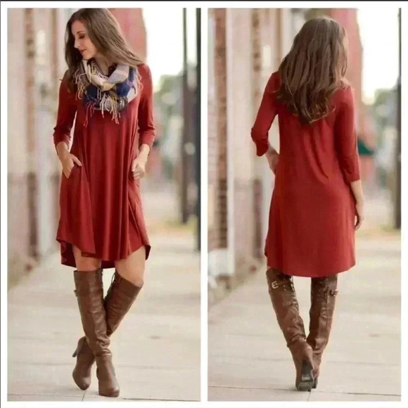 "Rose" Rust Long Sleevr V-Neck Dress with Pockets - Picture 2 of 4